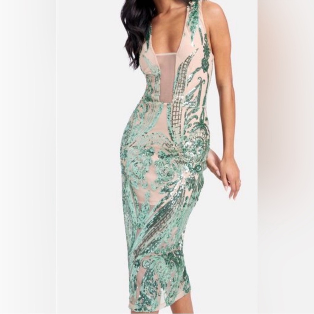 BEBE Illusion sparkle mesh sequin bodycon cocktail party dress L
